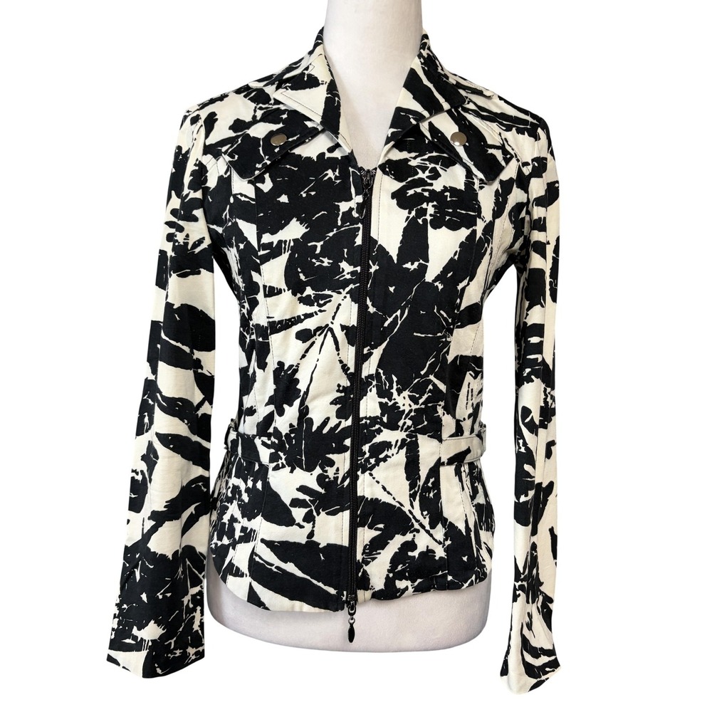 Joseph Ribkoff Moto Jacket Womens 4 Black White‎ Floral Print Zip Lined Canada